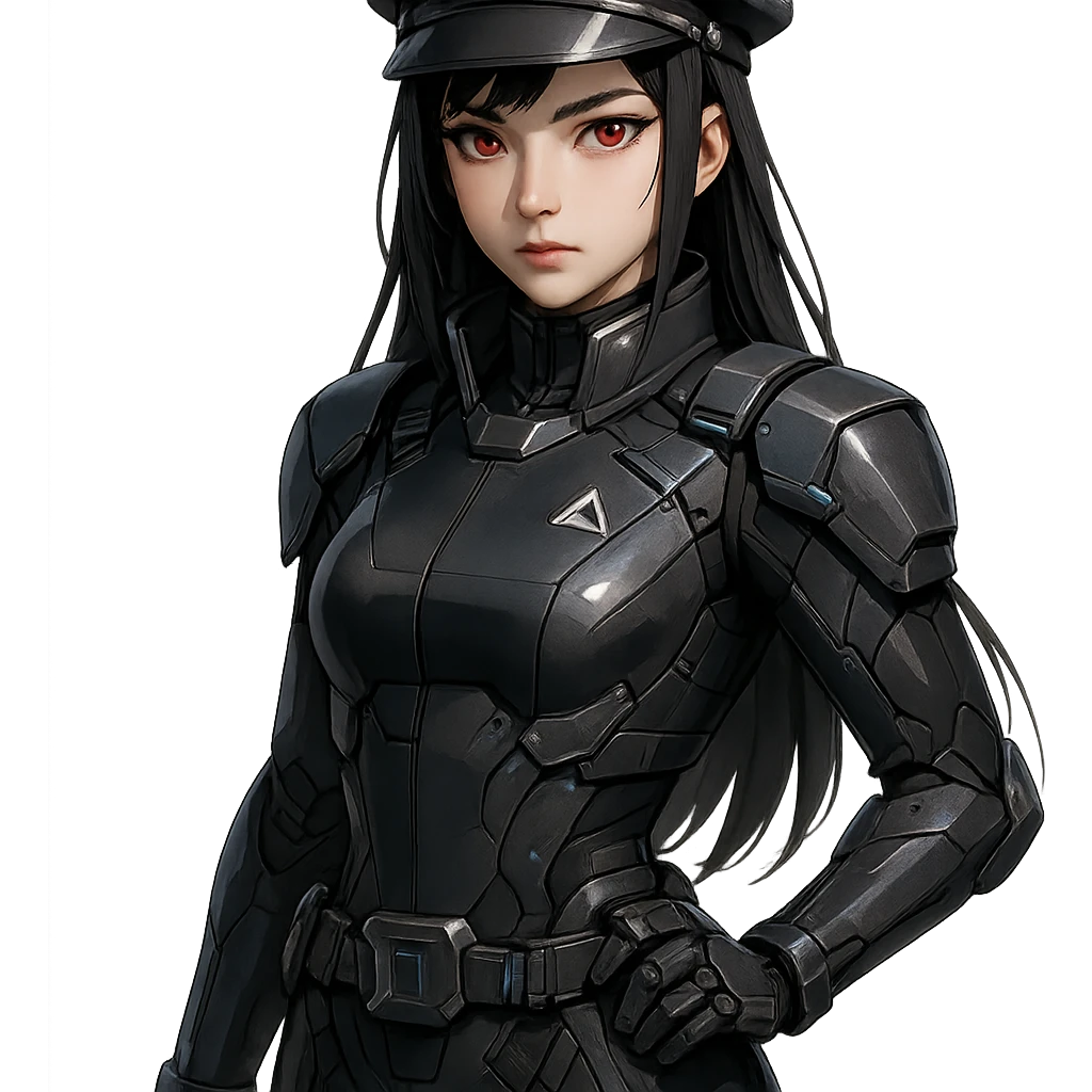 dark-haired, red-eyed girl in a futuristic officer costume, sleek and modern design, detailed, high-tech, sci-fi style emoji