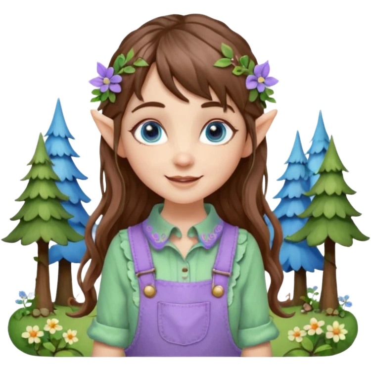Kind happy whimsical quirky Girl toymaker, wood carving elf. Woodland nature creator. Blue eyes. brown hair (short — inch longer than chin length) wavy hair & bangs. Whimsical playful cute. Overalls with nature embroidered cute shirt collar. Light green, light purple and light blue colour aesthetic  emoji