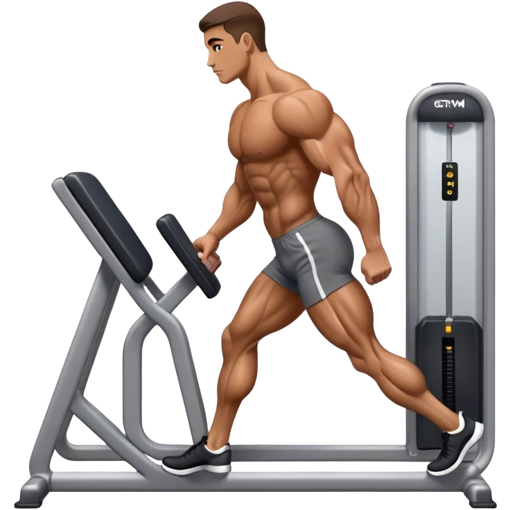 side-view bodybuilder using gym calf-raise machine emoji