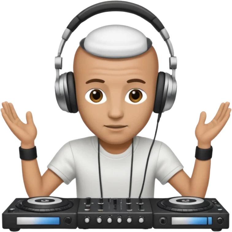 White dj mixing with dj booth, headphone on head, no cap, not bald,  emoji