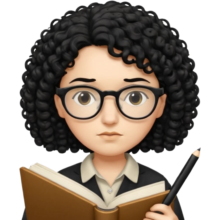 writer holding pen in hand and closed book in other hand, with black curly hair and wearing glasses emoji