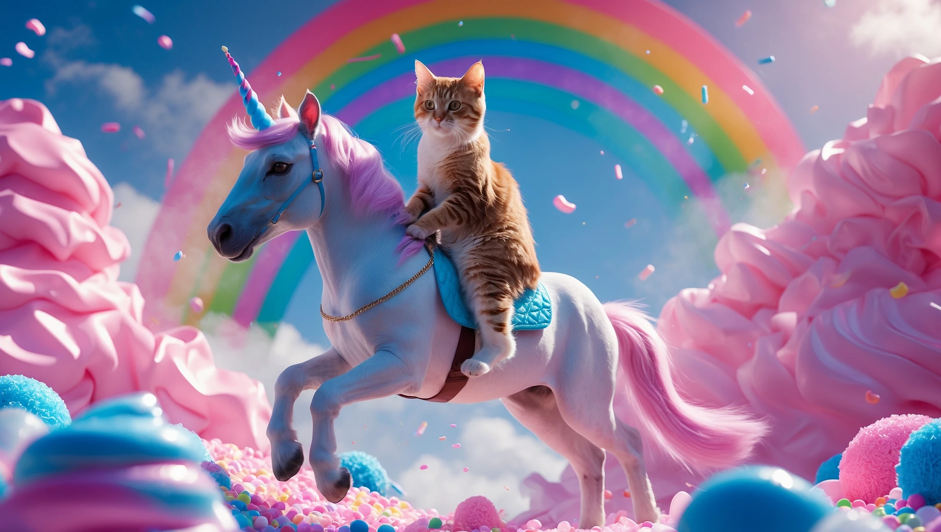 Cinematic still of a cat riding on unicorn around magic pink, and blue candy world, rainbow, dynamic shot emoji