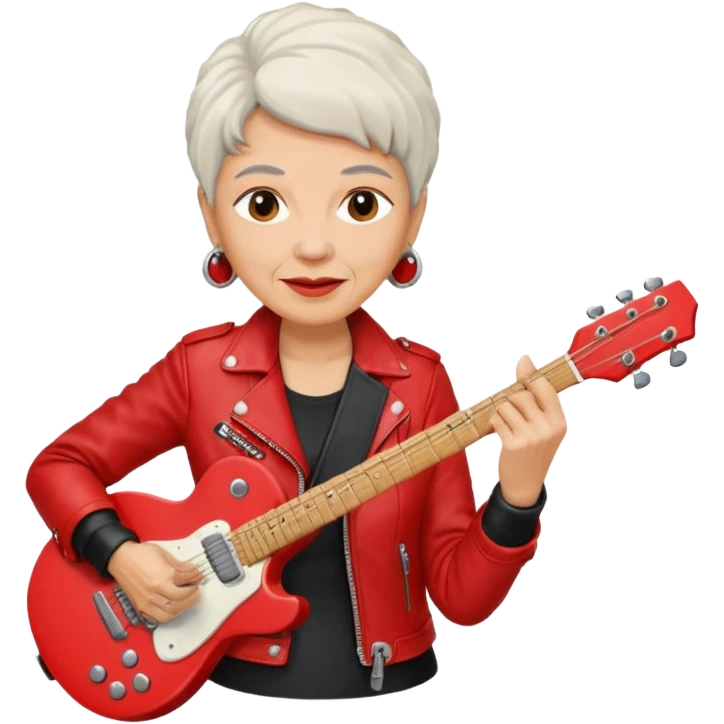 guitar rock player, elder woman head, red jacket emoji