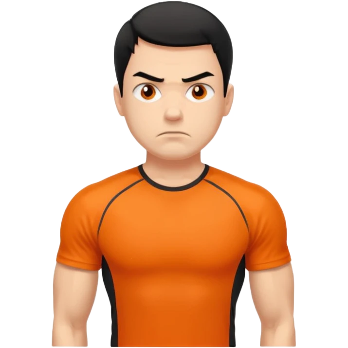 Mach mir einen unglücklichen typen der im gym trainert und viele muskeln hat mit einem orangen sport thshirt und schwarzen kurzen haaren emoji