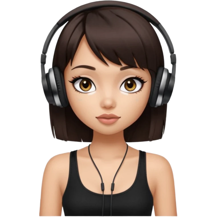 generate a pretty bratz girl in black cami top, dark brown straight bob hair with bangs, eyeliner on, listeninh to music emoji