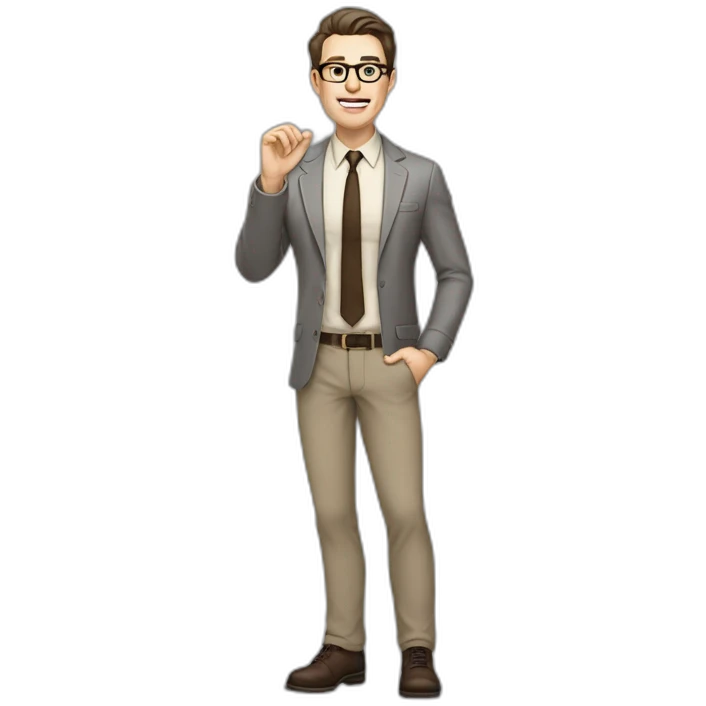 Full height Actively Gesturing Pale skinned fit man with dark brown hair in gray jacket, beige office shirt, brown tie, brown pants and vintage glasses. emoji