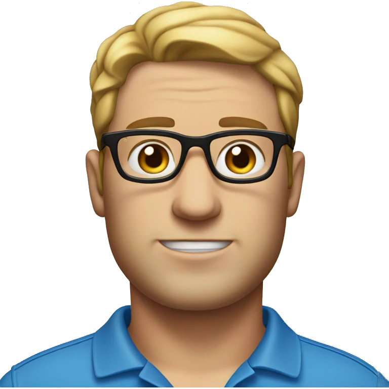 Emoji of a man with glasses, no beard, white skin and a thick build, wearing a blue polo shirt emoji