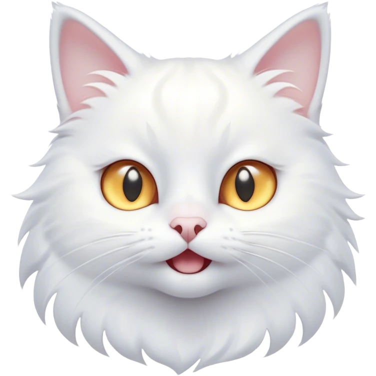 Cinematic Comical White Cat Portrait Emoji, Head tilted in an exaggerated, surprised manner with wide, sparkling eyes, showcasing a pristine white fur with subtle hints of silver and an animated, goofy expression, simplified yet whimsically detailed, glowing with a playful, bright radiance, high shine, exuding a lighthearted and comical charm, styled with a soft glowing outline, capturing the essence of a white cat that looks ready to prance comically off the screen! emoji