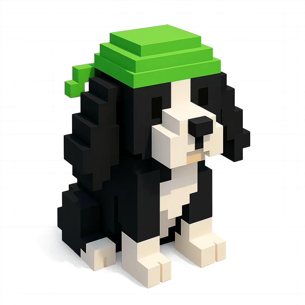 A black and white Russian Cocker Spaniel puppy wearing a green durag, voxel style, sitting emoji