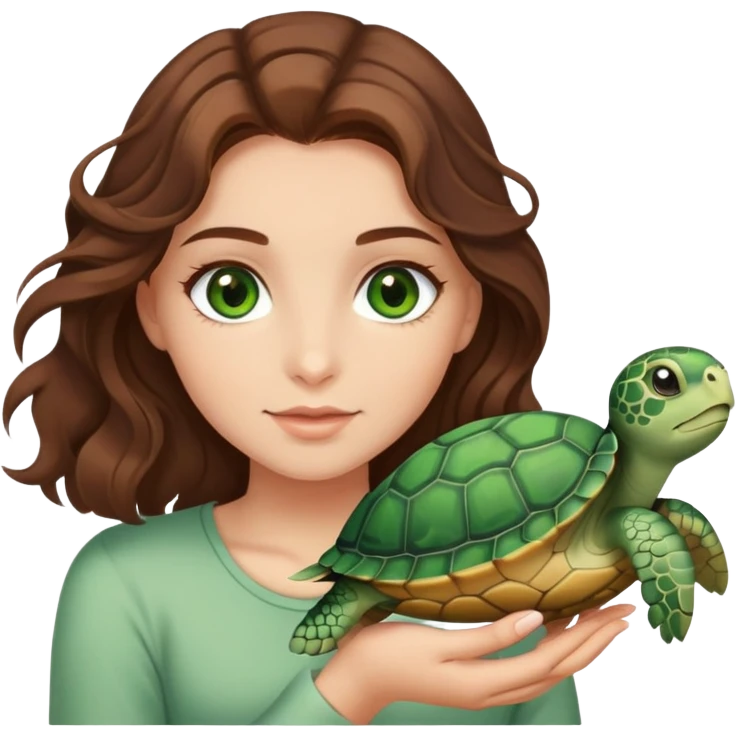 Girl with medium brown wavy hair and green eyes holding a turtle  emoji
