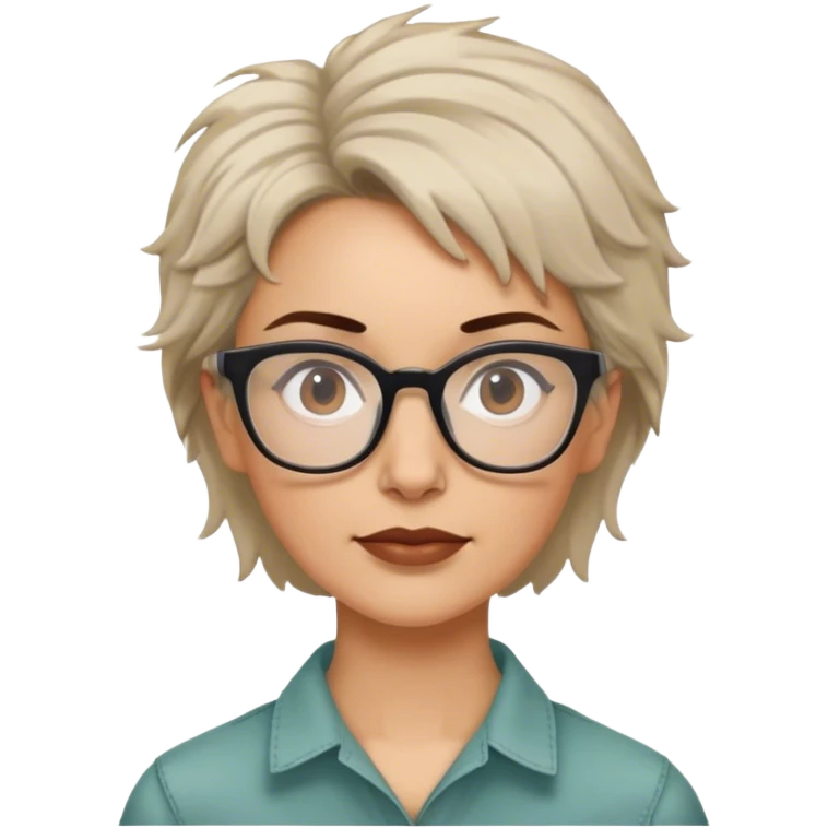 White woman anthropologist with messy cropped hair with glasses brown brows emoji