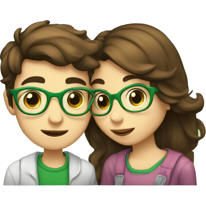 A boy with brown hair and a mustache is kissing a green haired girl wearing glasses emoji