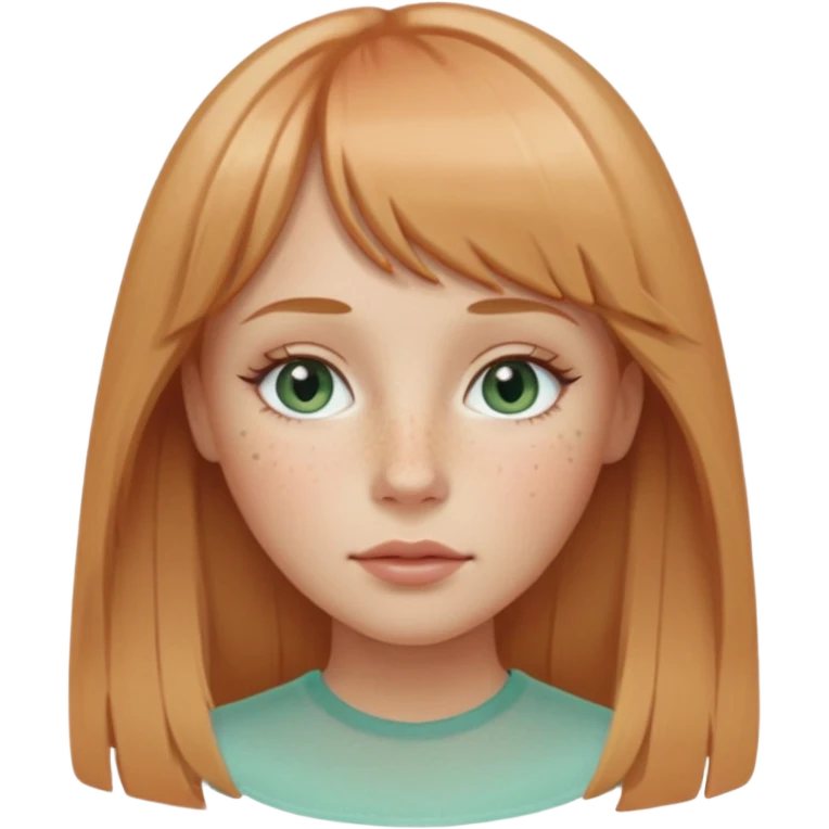 girl with oval face, fair cool skin, freckles, long strawberry-blonde hair, center part, wispy bangs, almond sea-glass eyes, sandy-blonde arched brows, straight nose, rose lips emoji