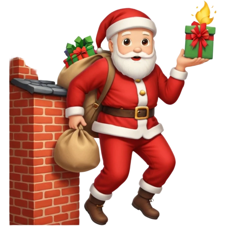 Santa Claus is carrying a bag of presents and climbing down the chimney. emoji