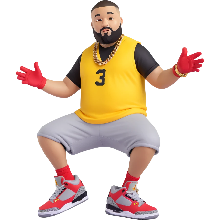 red DJ Khaled Grateful Air Jordan 3 sneaker in University Red, Black, Cement Grey colors with yellow cartoon arms and legs, playful pose, matching the style of the green 3D emoji character emoji