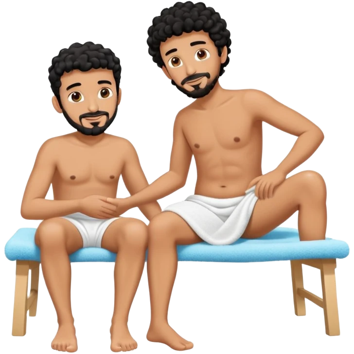 Gebräunter Manm nur mit handtuch um den unterkörper (araber mit schwarzen locken und ziegenbart) bekommt fußmassage von einem anderen mann emoji