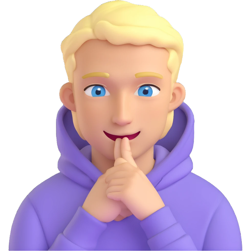 blonde man with blue eyes, lilac hoodie, winking emoji