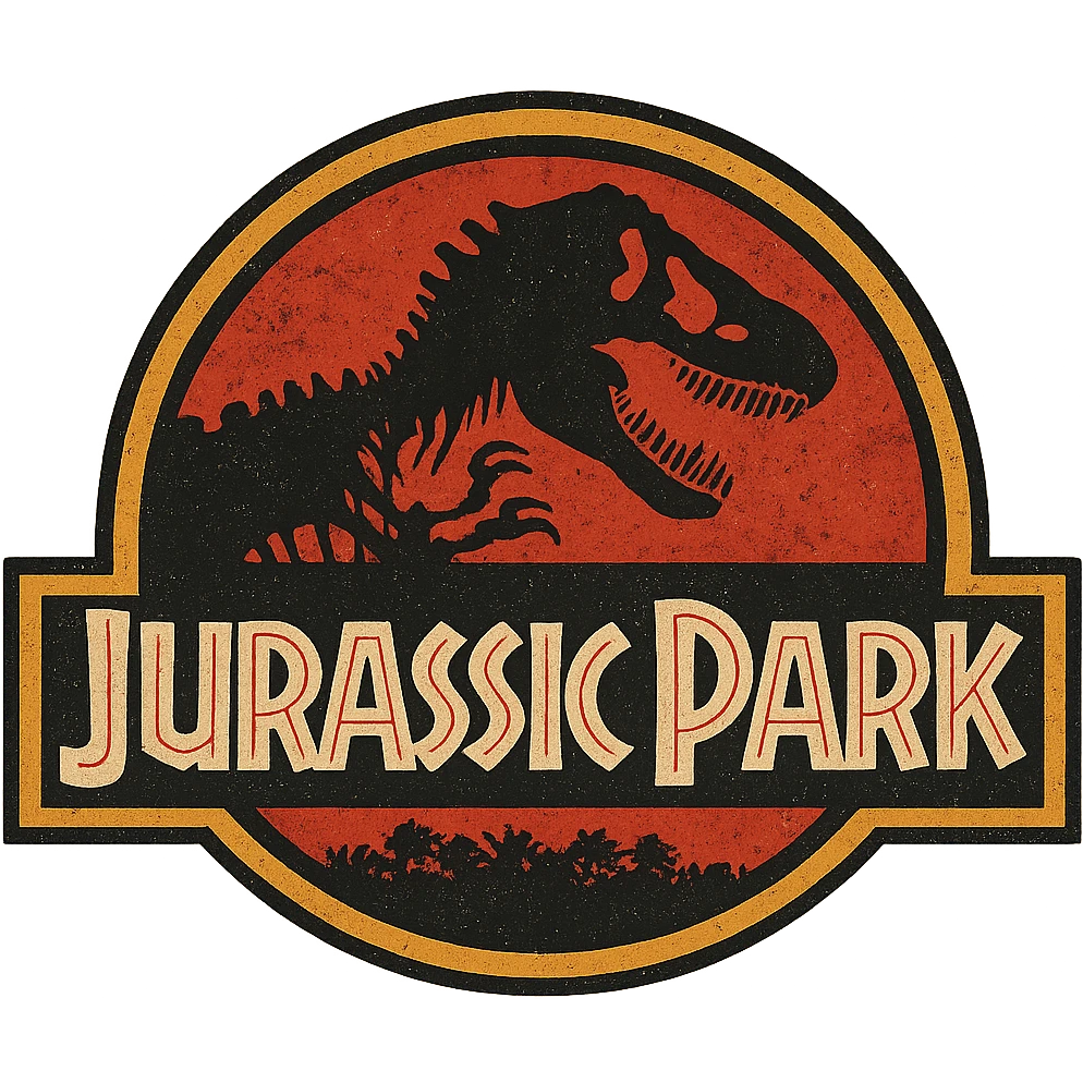 A classic Jurassic Park logo with a dinosaur skeleton silhouette, bold and iconic design, strong contrast, vintage style emoji