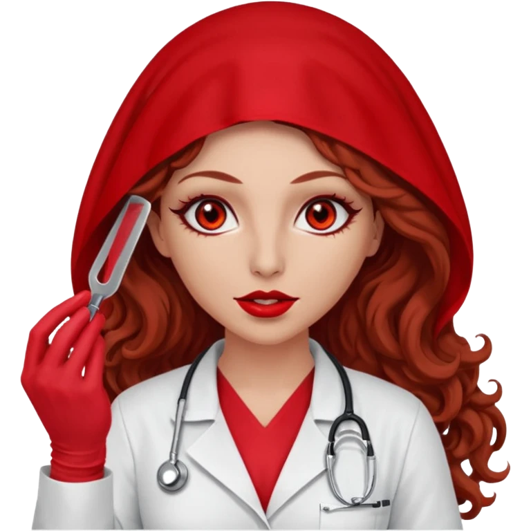 Lilith scalpel in hand, evil surgeon sexy surgeon clothes.  She has red eyes. She brown long curly hair. Wears sexy doctor outfit with red gloves. Wears red burka to hide her mouth and nose emoji