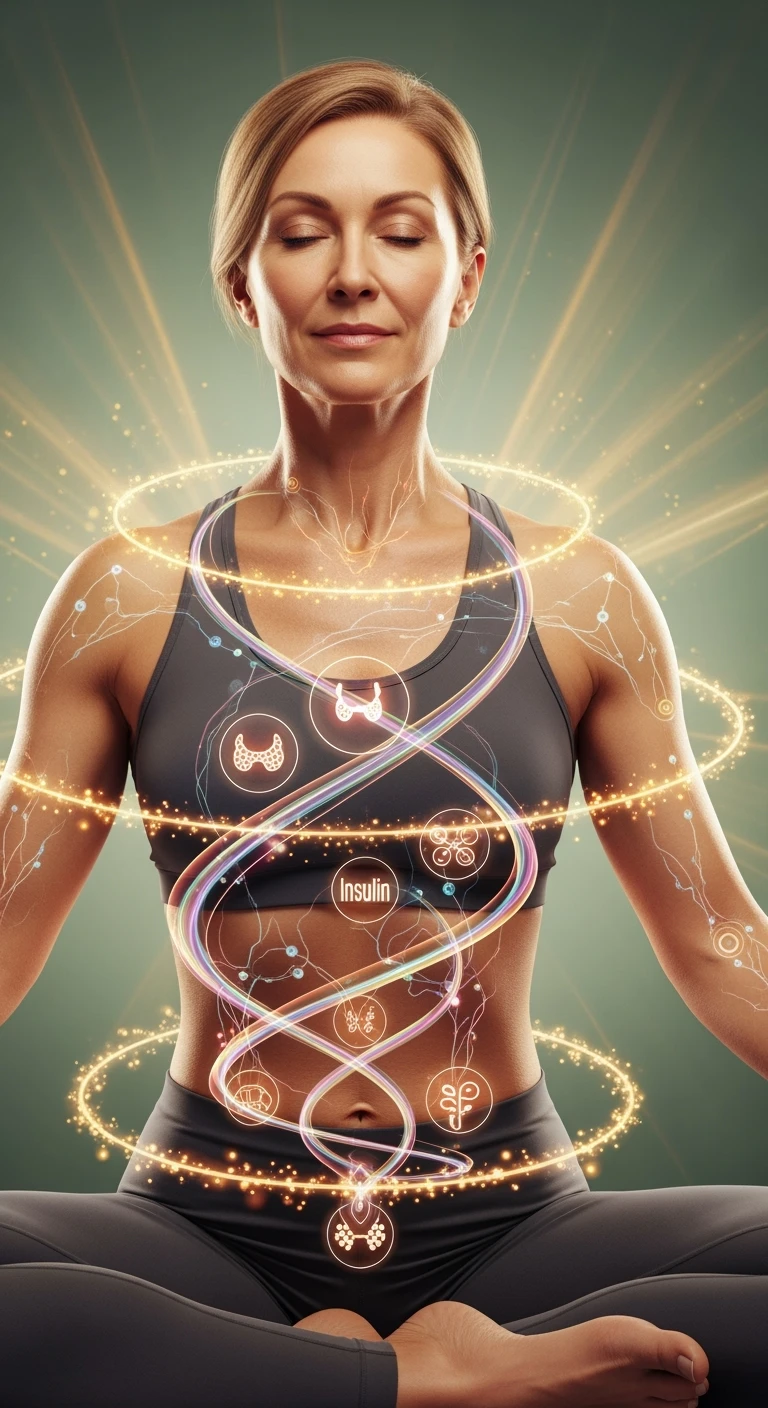  Il corpo è circondato da simboli delicati e bilanciati che rappresentano equilibrio ormonale e metabolico: piccoli cerchi, flussi energetici colorati, simboli stilizzati di tiroide, insulina, estrogeni. Pelle radiosa, postura aperta e rilassata. emoji