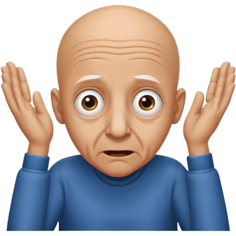 A bald person who’s very old is staring, he’s inside a toilet and his head is upright and looking at the camera with very wide eyes and his hands are putting pressure on his head, very scared expression and he’s twerking emoji