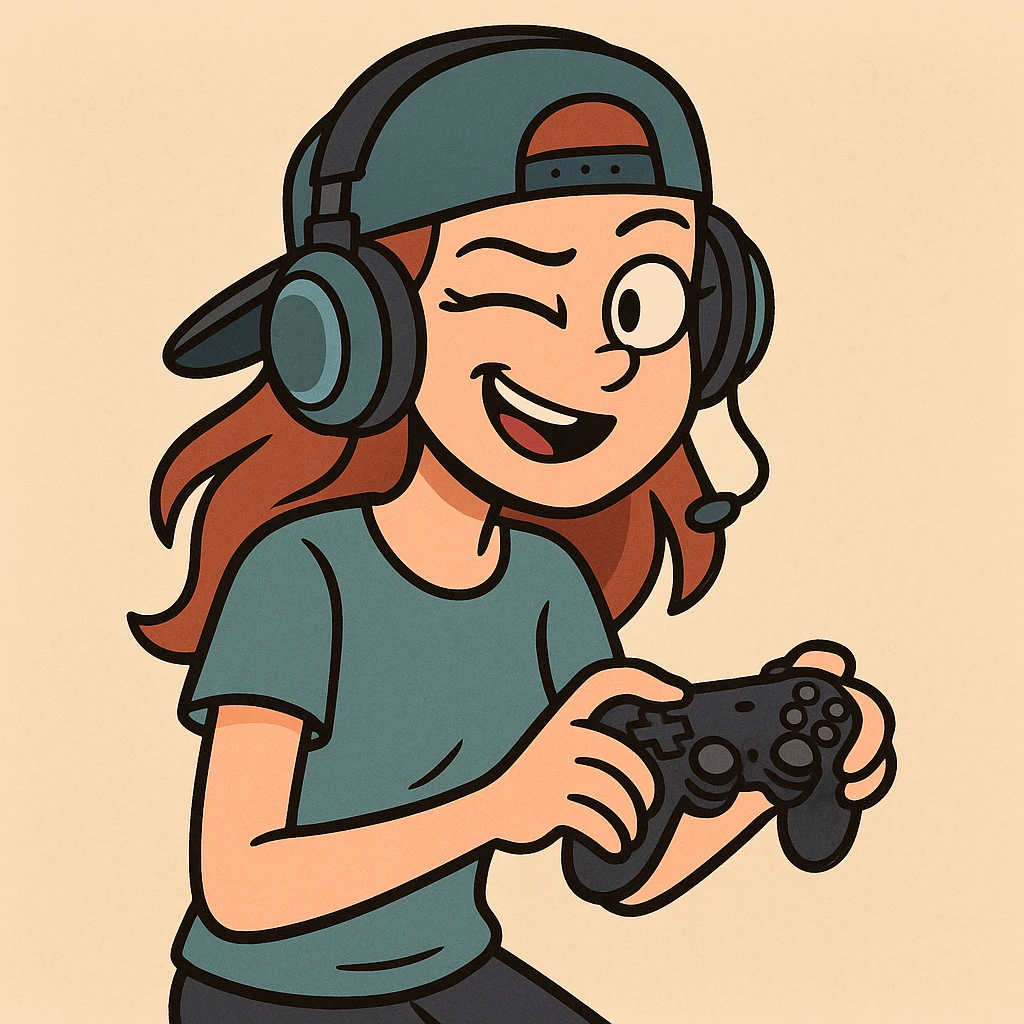 cool gamer girl with headphones and a cap, cartoon style, playful expression emoji