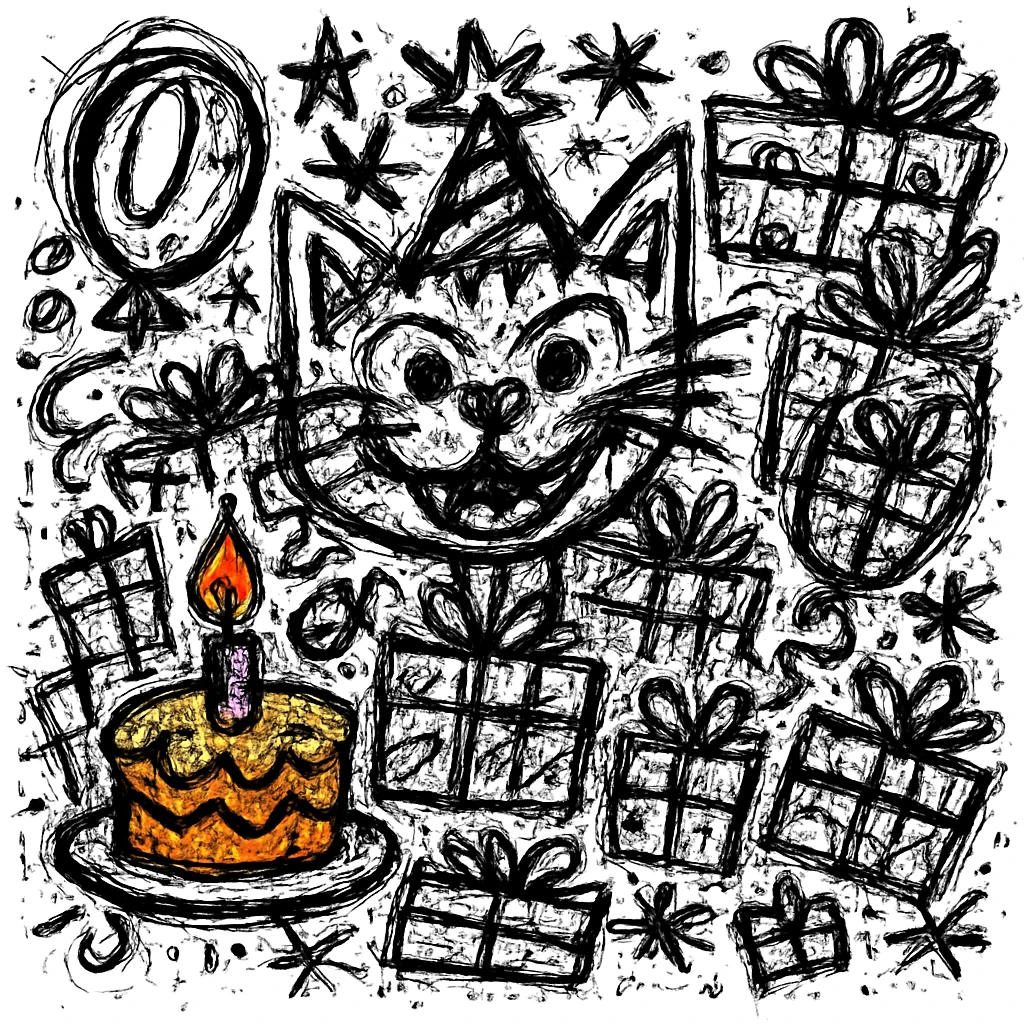 Make the birthday cake more colorful while keeping the chaotic outlined style and all other elements intact emoji