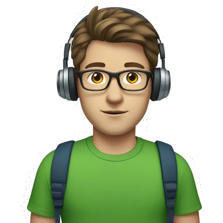 white young man with medium brown hair and square glasses and blue eyes wearing green t-shirt with laptop and headphones emoji