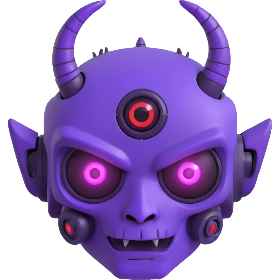 purple demon bot face only, robotic details, small horns, glowing purple eyes, cute expression, 3D look emoji