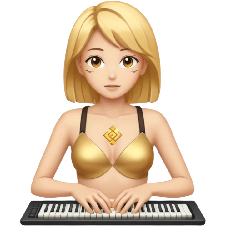Нарисуй мне голдую до коди женщину с открытой грудью аниме тянку в символах из клавиатуры. emoji