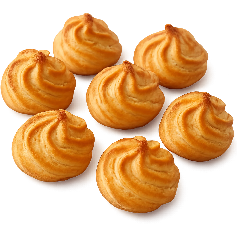 Choux pastry, piped into small round puffs, golden brown, delicate and crisp emoji