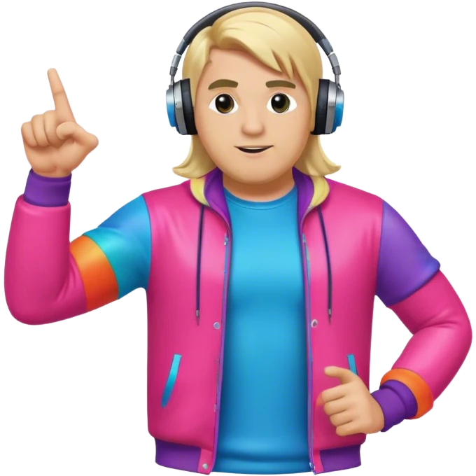 blond big man in colorful dj outfit pointing to one side emoji