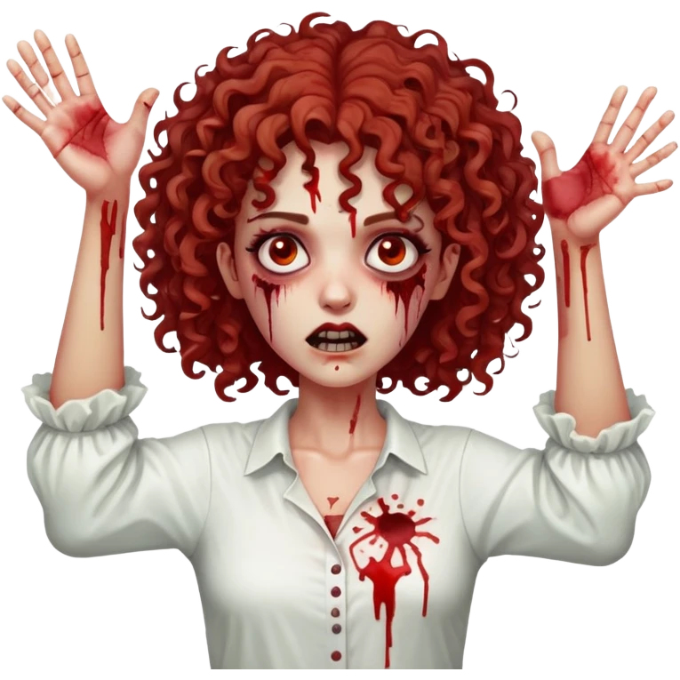 Garota zumbi cabelo cacheado meio crespo, machucado e sangue,blusa branca, braços esticados emoji