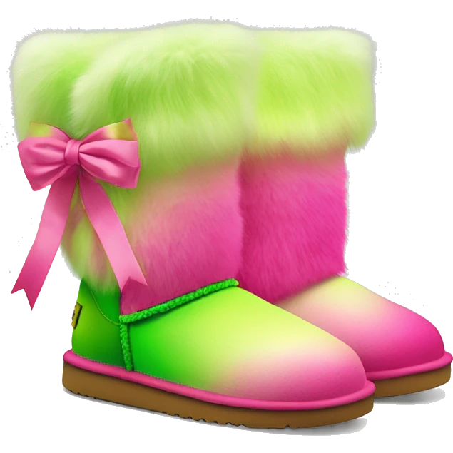 Realistic pair of hot pink to lime green ombre fur Ugg boots with silk ribbon bows. emoji