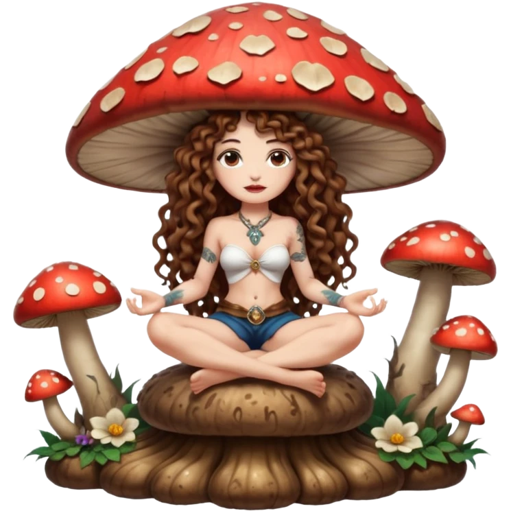 full body view of a woman with long curly brown hair, brown eyes, white skin, tattoos, sitting on a giant mushroom throne, legs crossed, mystical queen vibe emoji