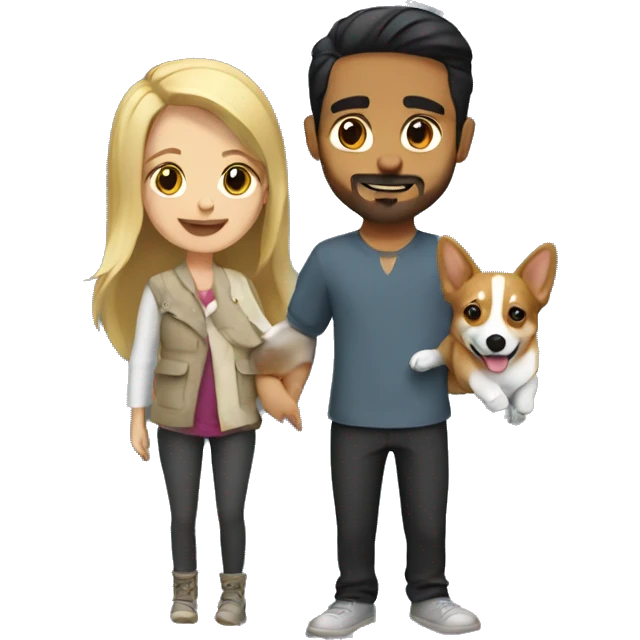 blonde girl with arab guy holding a corgi in their arms emoji
