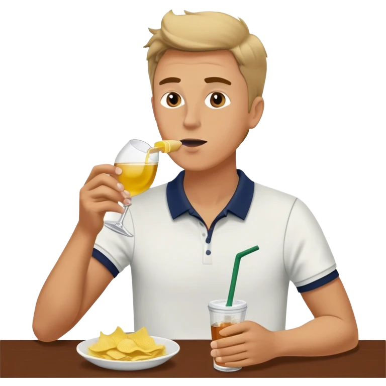 A white man eating salt and vinegar chips drinking wine in a tennis outfit in a starbucks emoji