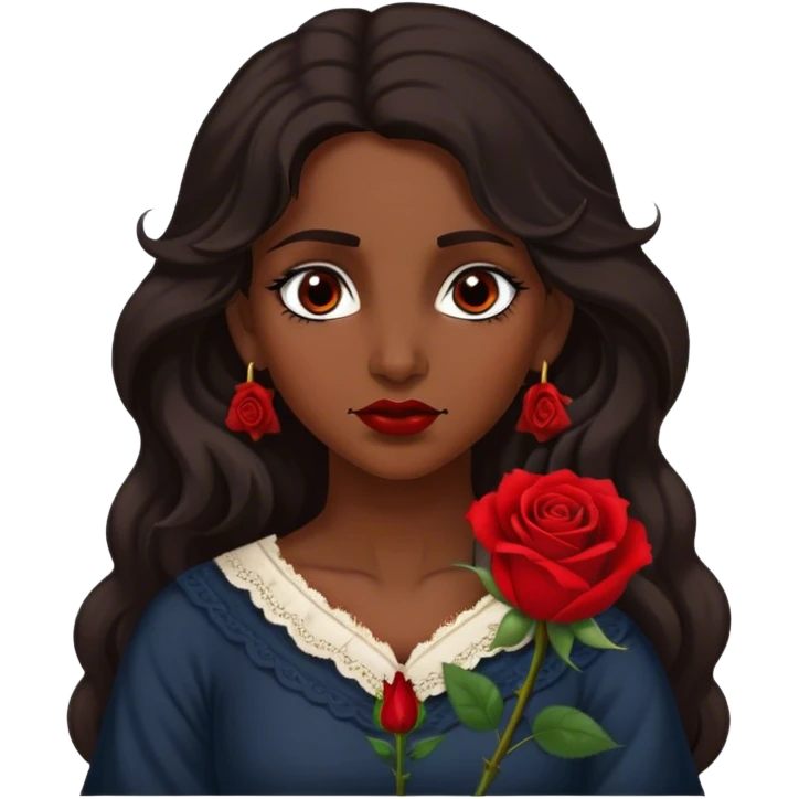 A Romani woman with long, wavy dark hair and a single red rose behind one ear. She has deep eyes and a confident, mysterious expression emoji