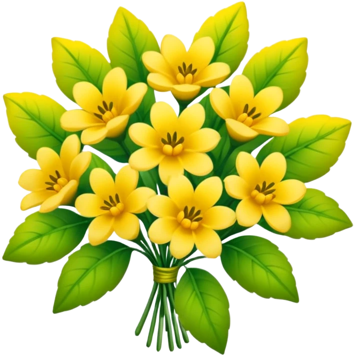 Generate a high-quality image of a bouquet of flowers dominated by yellow blooms, with a mix of green leaves, realistic colors and shading, smooth gradient colors, no human figures, no facial features, no brand markings, simple white background, high-resolution.
 emoji