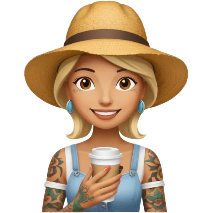 Tattooed lady in sunhat holding coffee cup emoji