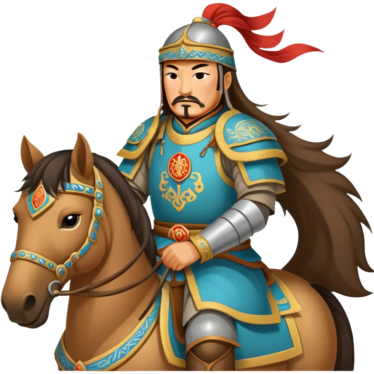 Genghis Khan on horseback with traditional Mongolian armor emoji