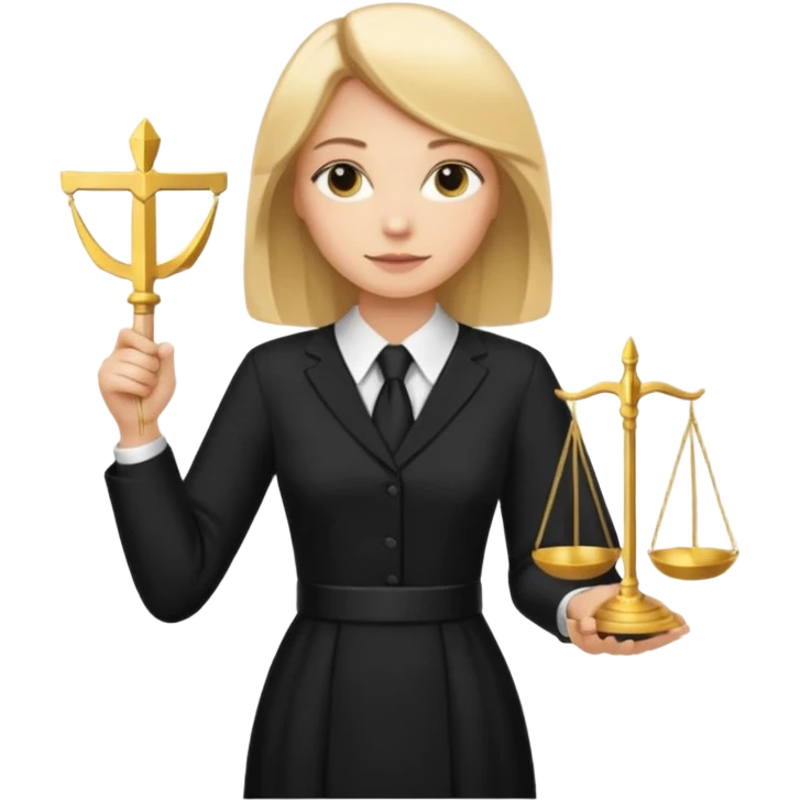 woman lawyer blanche et blonde avec des cheveux mi-long; elle est habillée avec une longue robe noire et une cravate blanche; elle soutient fièrement le symbole de la justice emoji