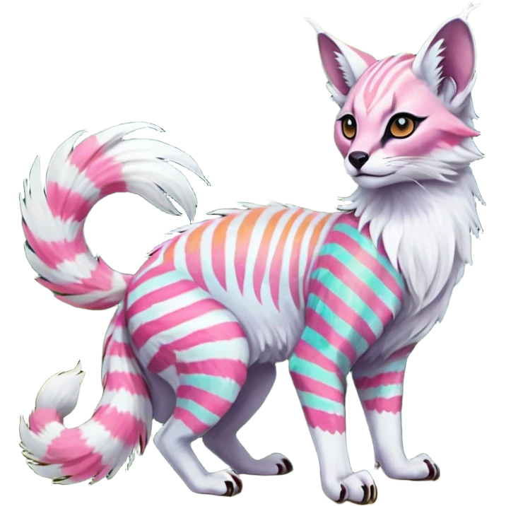 Colorful tropical feathery tribal pale light fruity pastel white glorious iridescent divine exotic cute albino neon vibrant zigzagged cool beautiful fantasy-caracal-civet-genet-sergal-vernid-Gryphon-Cacomistle-Trico-oncilla-animal-Fakémon-hybrid-fursona (full body), facial markings,  emoji