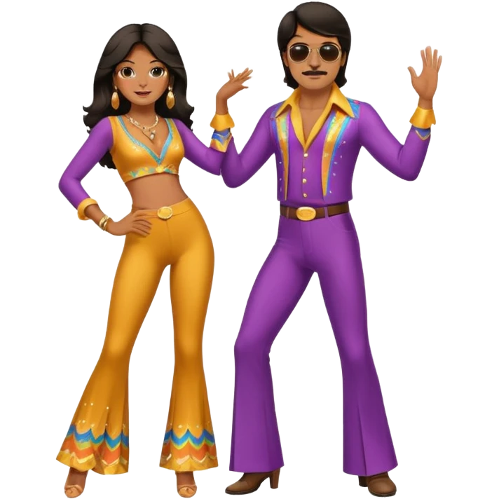 hombre y mujer bailando con ropa de disco de los 70s ambos con pantalones largos, ambos de pelo oscuro emoji