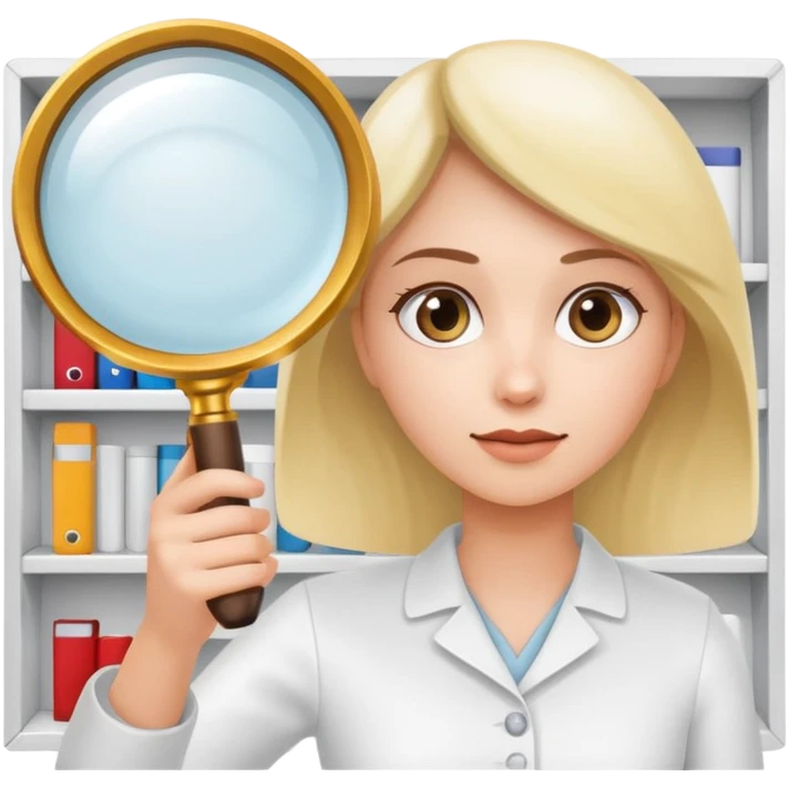 emoji of white empty shelf in perspective view with a woman nearby, she is looking at the shelfs with a magnifying glass emoji
