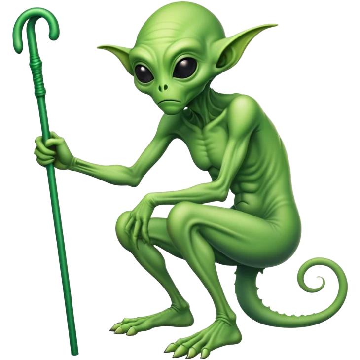 Old green alien hunched holding cane emoji