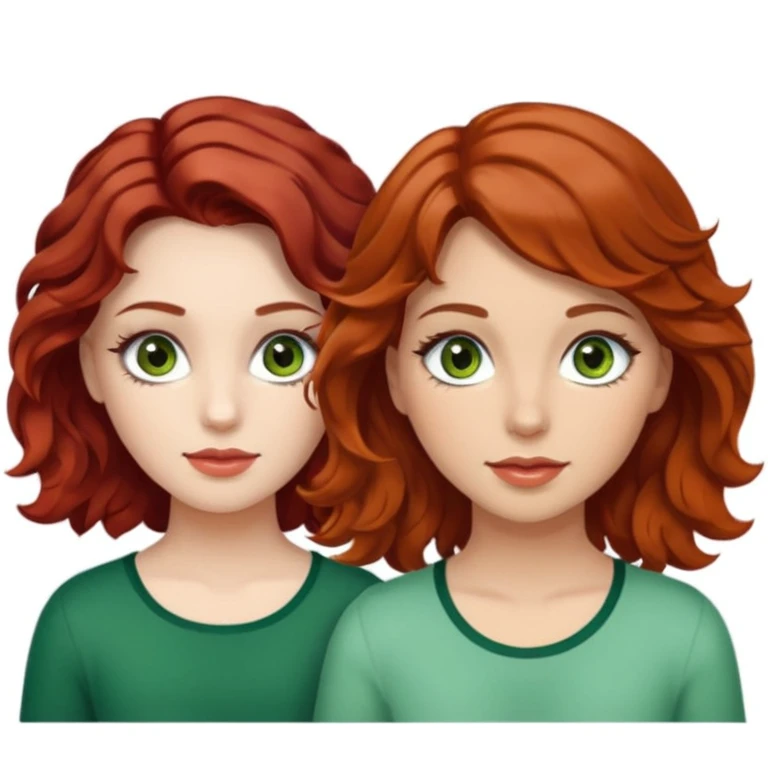 Two girls : one with red hair medium and wavy, brown eyes with long eyelashes and white skin. The other with wavy brown hair medium, green eyes with long eyelashes and tan  emoji