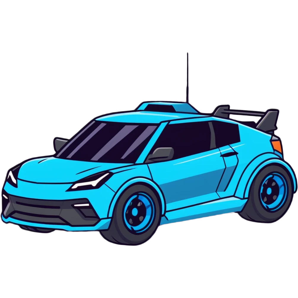 Futuristic retro hover car with angular design and glowing blue wheels, flat vector style, minimal color palette with blue highlights emoji