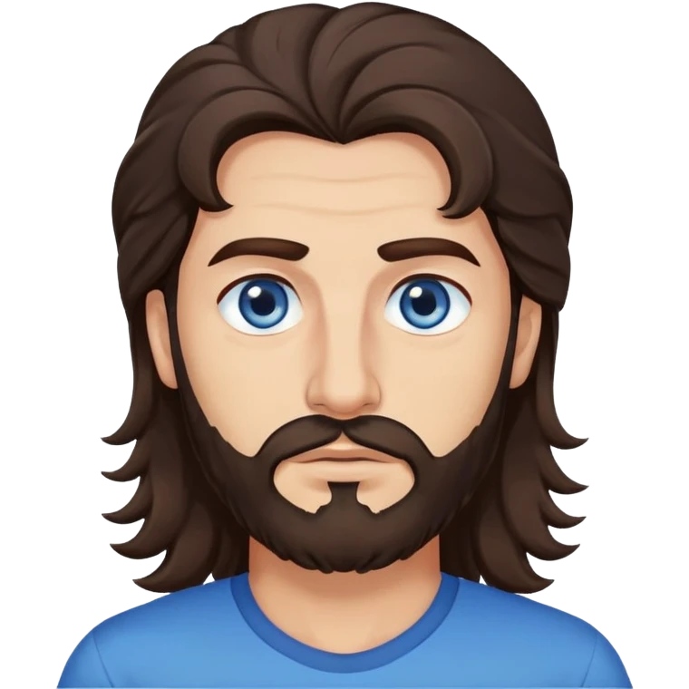 Lebanese man with one blue eye and one brown eye, dark brown longish wavy hair, light beard, closed mouth, kind expression, blue shirt emoji