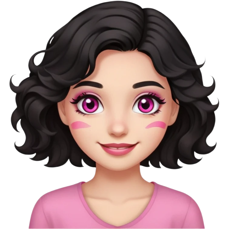 smiling girl with black wavy hair swept to the left, pink eye makeup smudged, no pink on cheeks emoji